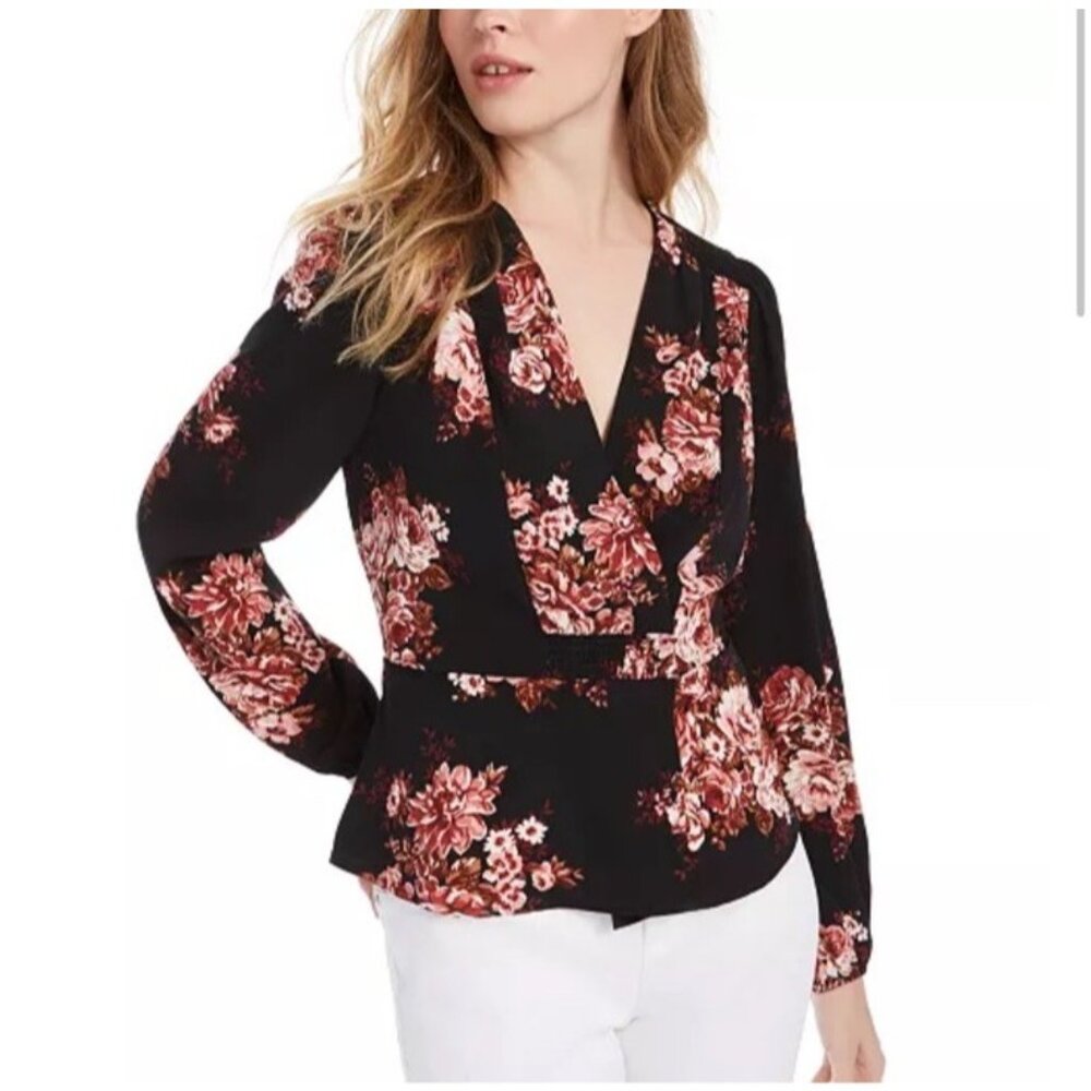 NWT Leyden Blouse Shirt L Black Pink Floral Asian Wrap Smocked V-neck Romantic